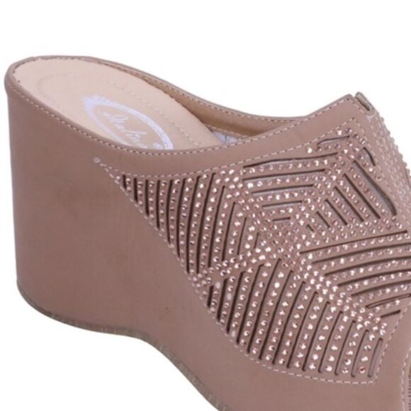 Italina Tan Sequin Embellished Slide In Mule Comfort Wedge Nu Shuz Key West 11 - Picture 3 of 7